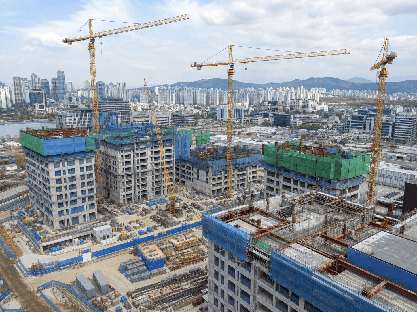 도심 건설 현장에서 작업 중인 근로자와 건설 장비